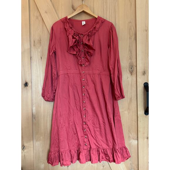 Kate Quinn Organic Cotton Sateen Red Ruffle Button Up Dress Womens Large - Picture 1 of 6